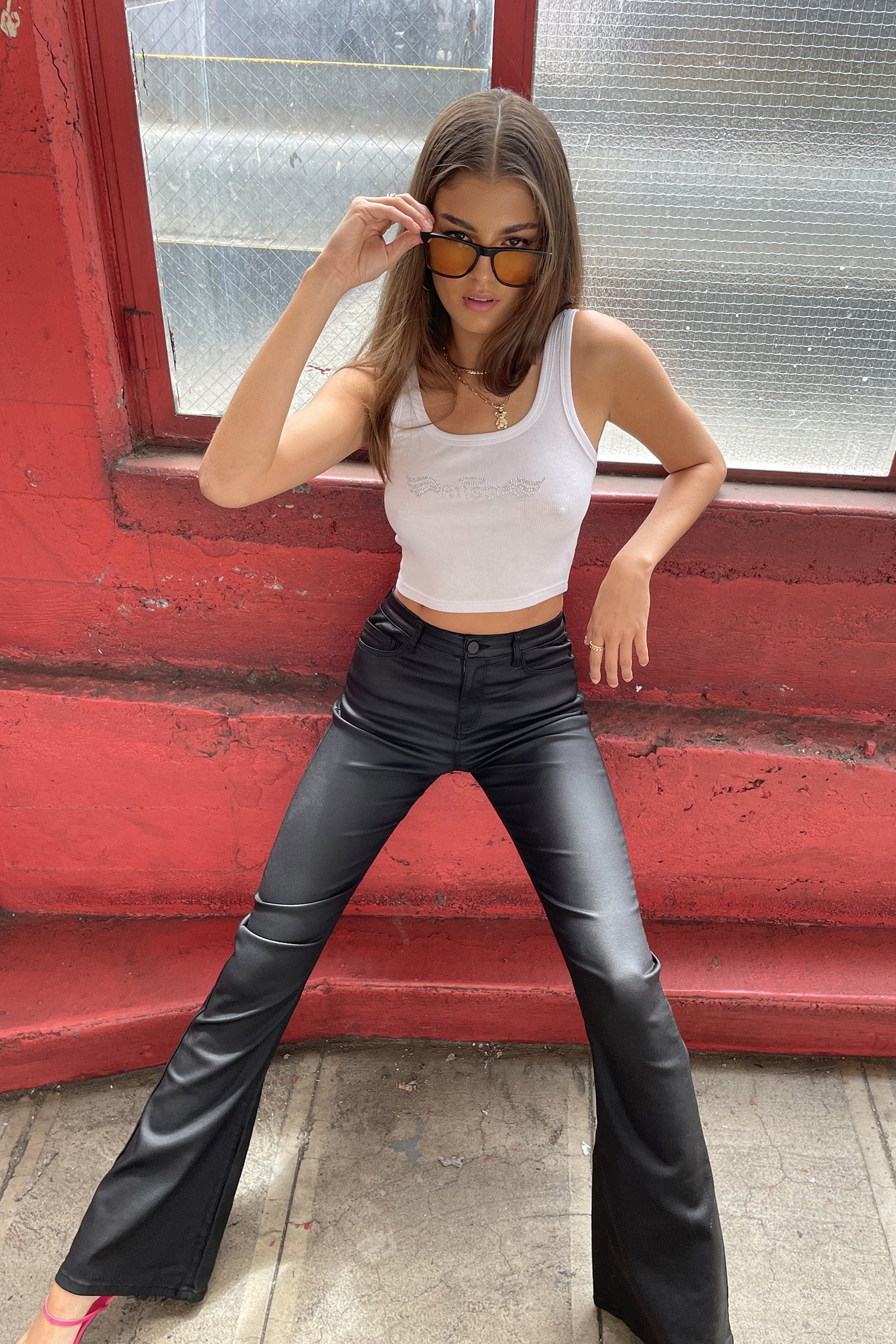 Luna Faux Leather Mid Rise Flared Jeans - Image 6