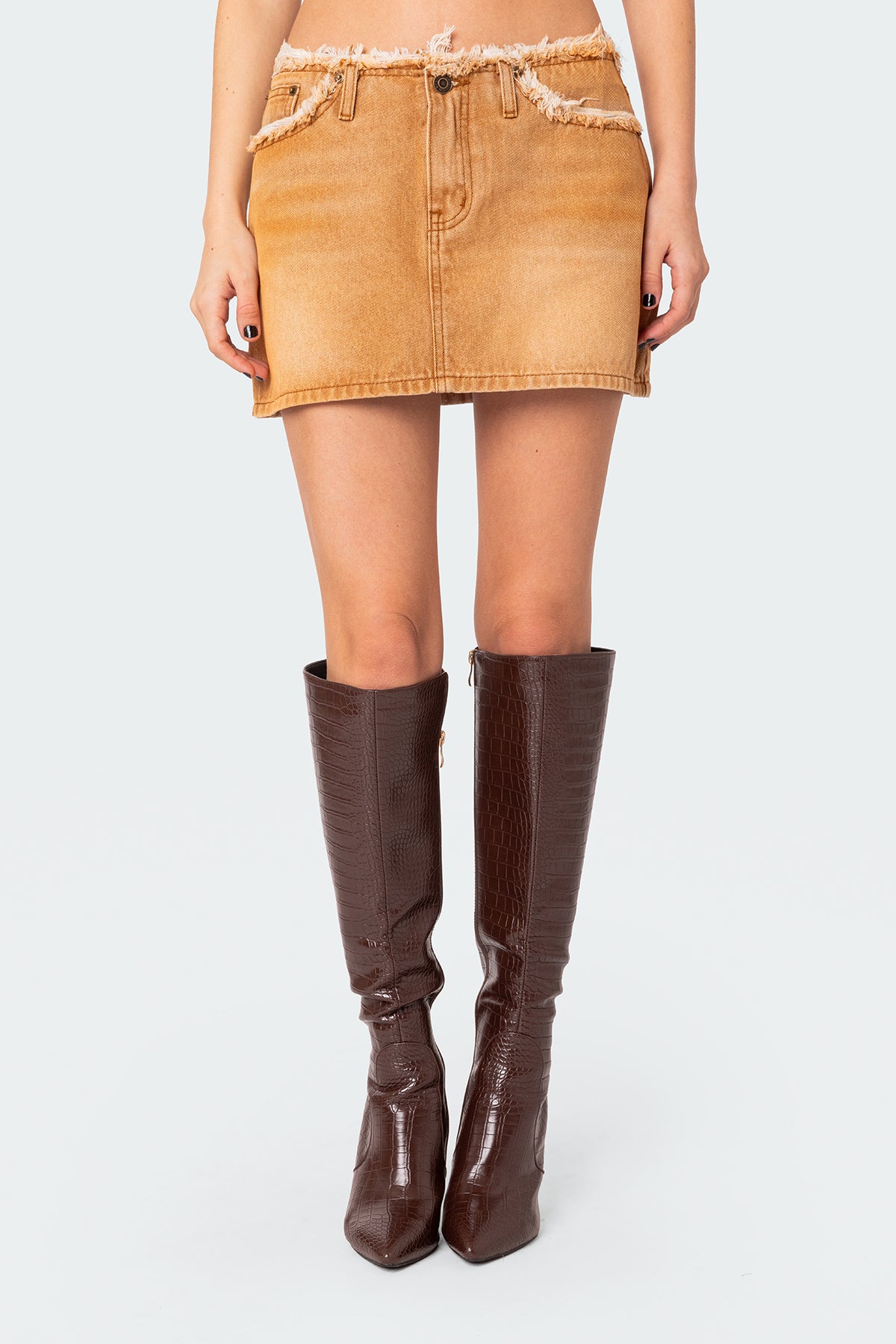 Ariah Distressed Hem Washed Denim Mini Skirt - Image 2