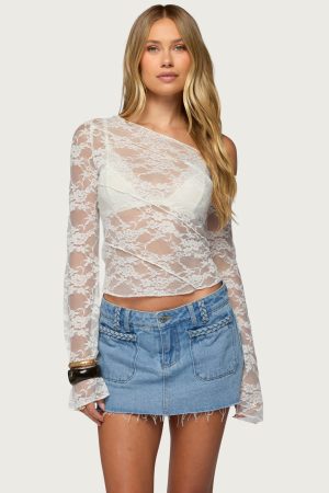 Stitched Sheer Lace Off Shoulder  Top