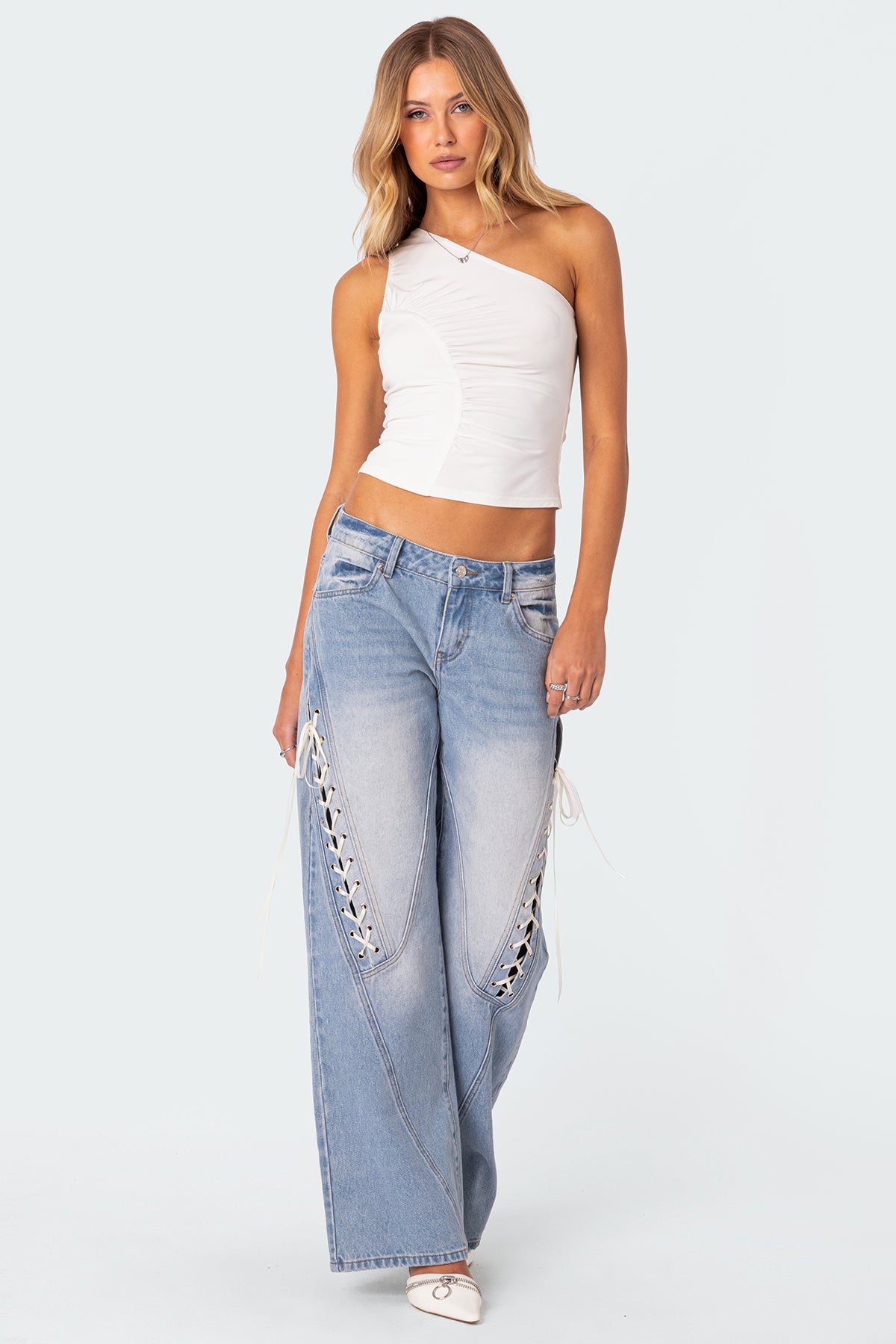 Ribbon Lace Up Low Rise Baggy Jeans - Image 3