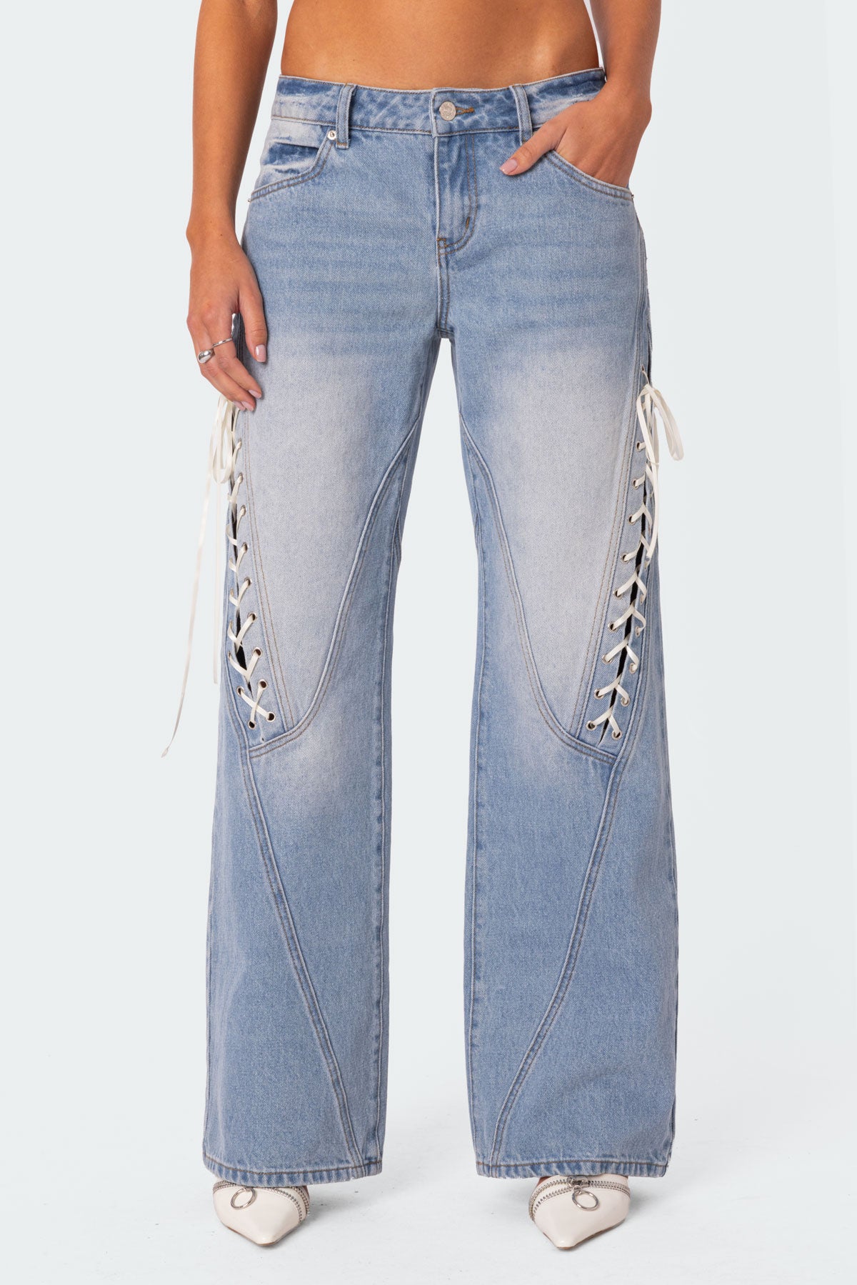 Ribbon Lace Up Low Rise Baggy Jeans - Image 2