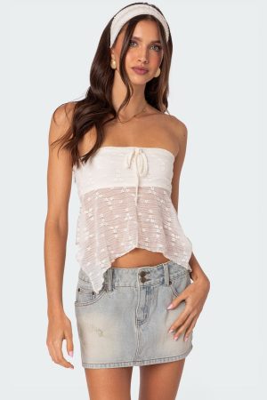 Embroidered Sheer Strapless Top