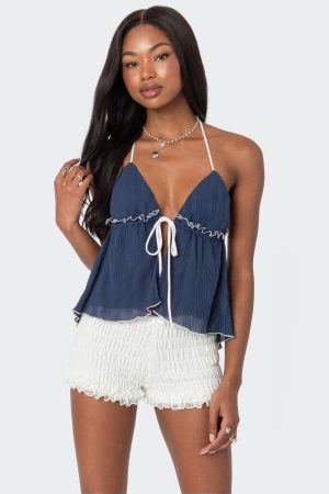 Crinkled Split Front Halter Top
