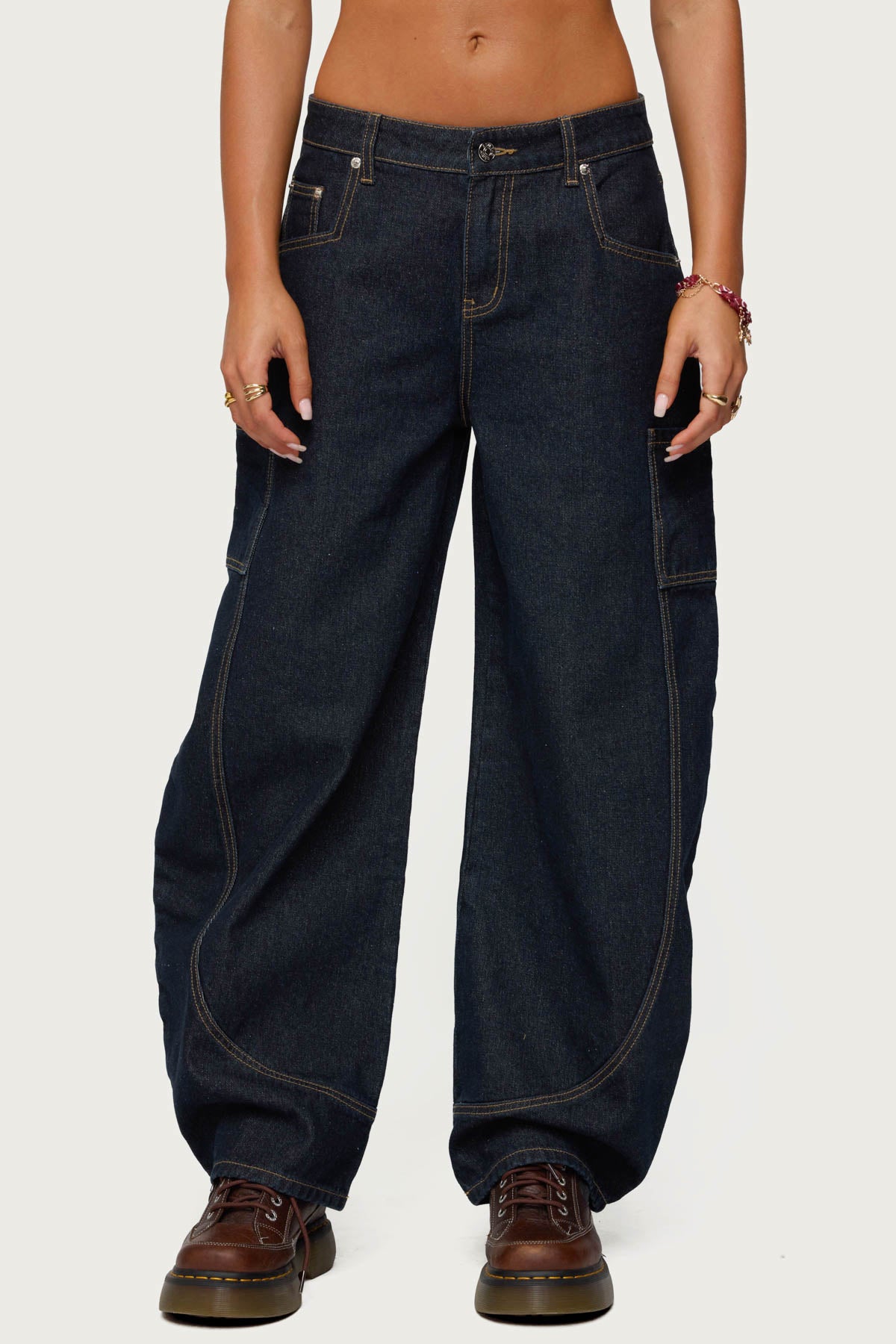 Aden Contrast Stitch Low Rise Barrel Jeans - Image 2