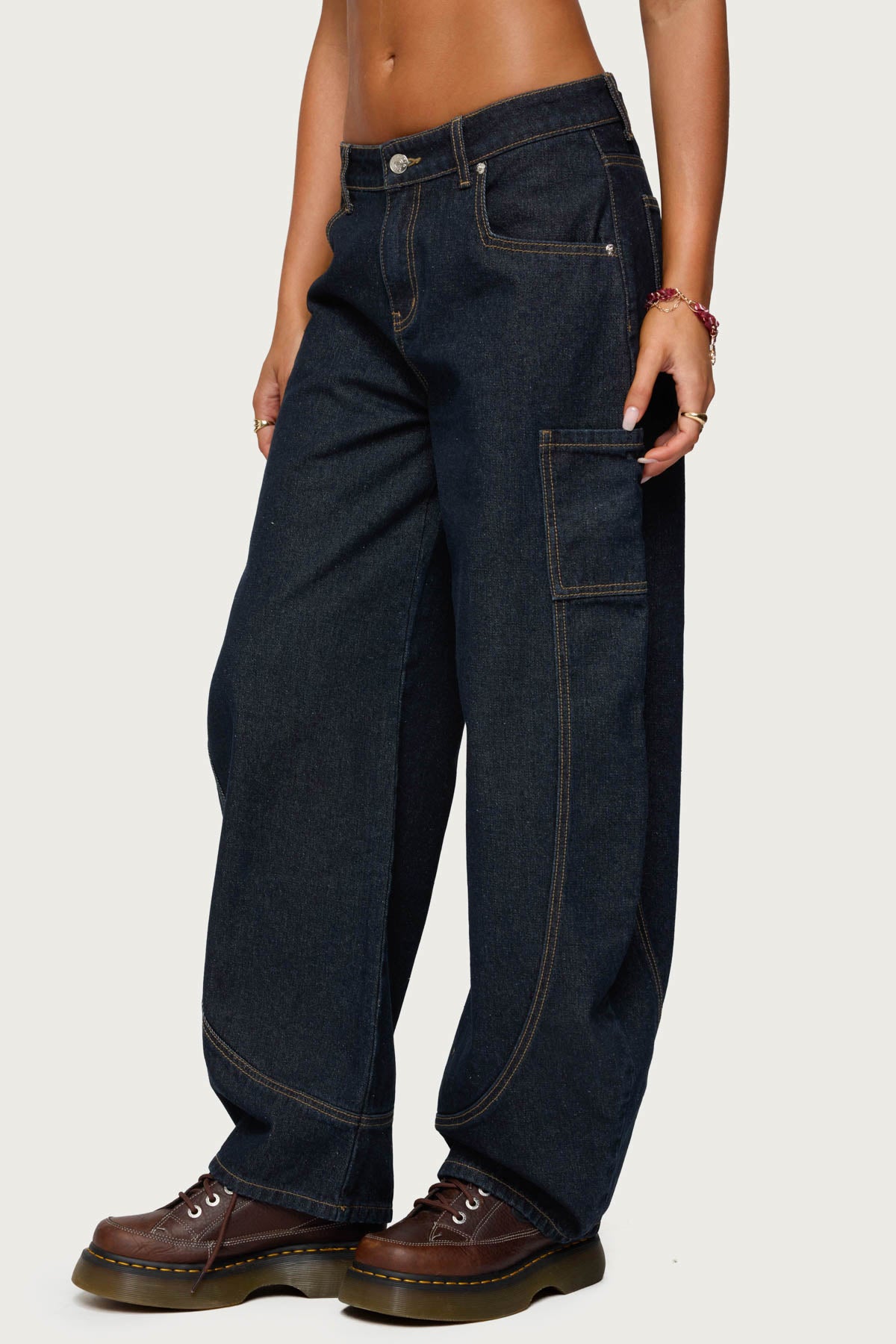 Aden Contrast Stitch Low Rise Barrel Jeans - Image 4