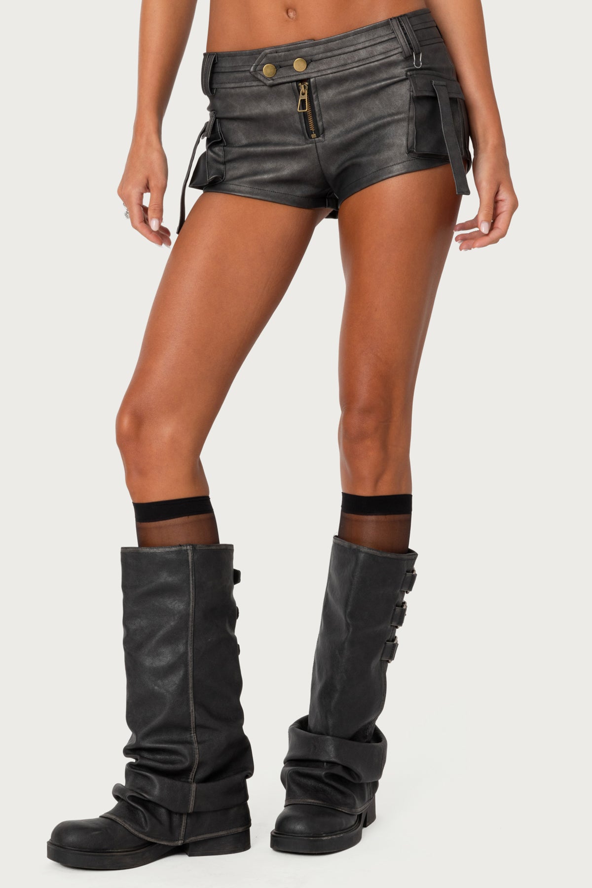 Washed Faux Leather Micro Cargo Shorts - Image 2