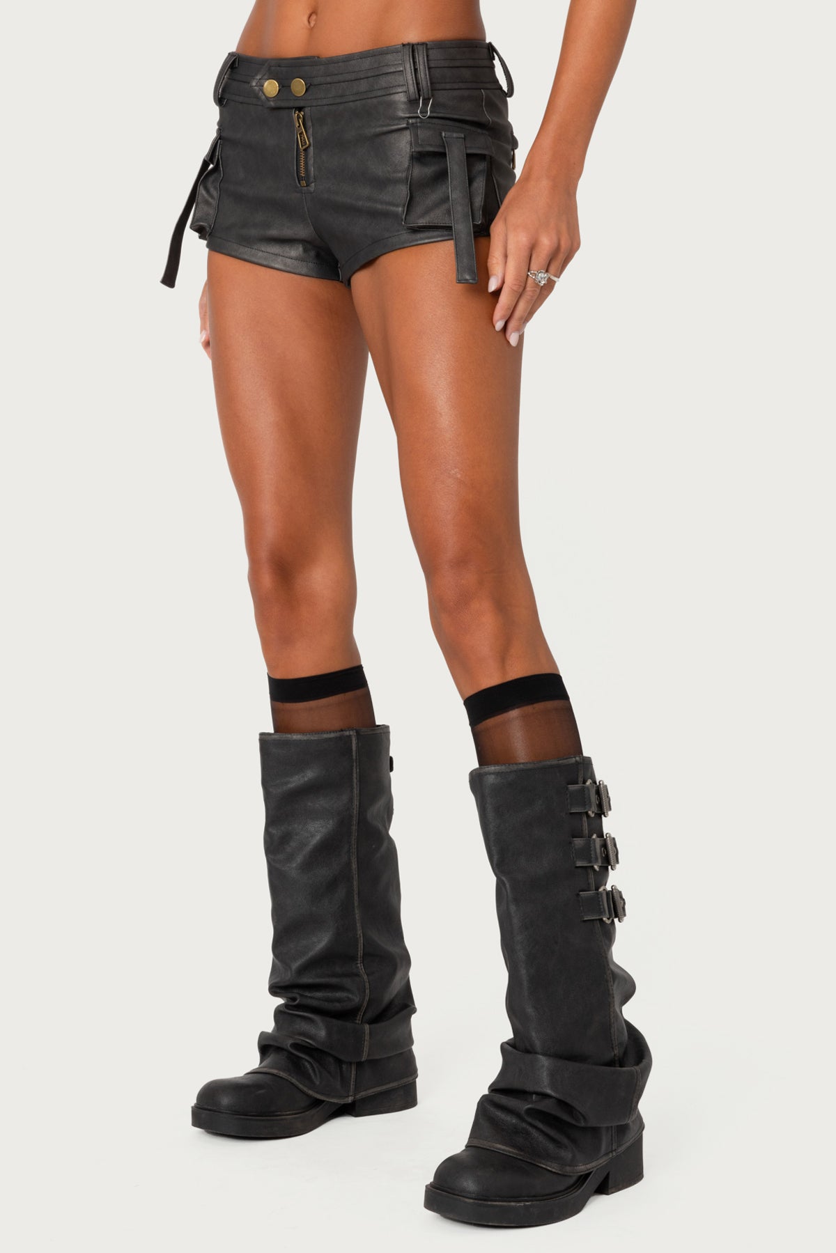 Washed Faux Leather Micro Cargo Shorts - Image 4