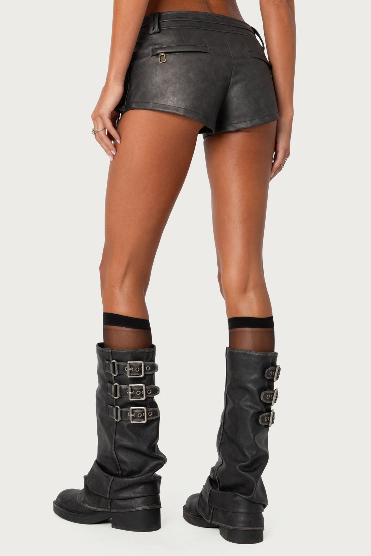 Washed Faux Leather Micro Cargo Shorts - Image 5