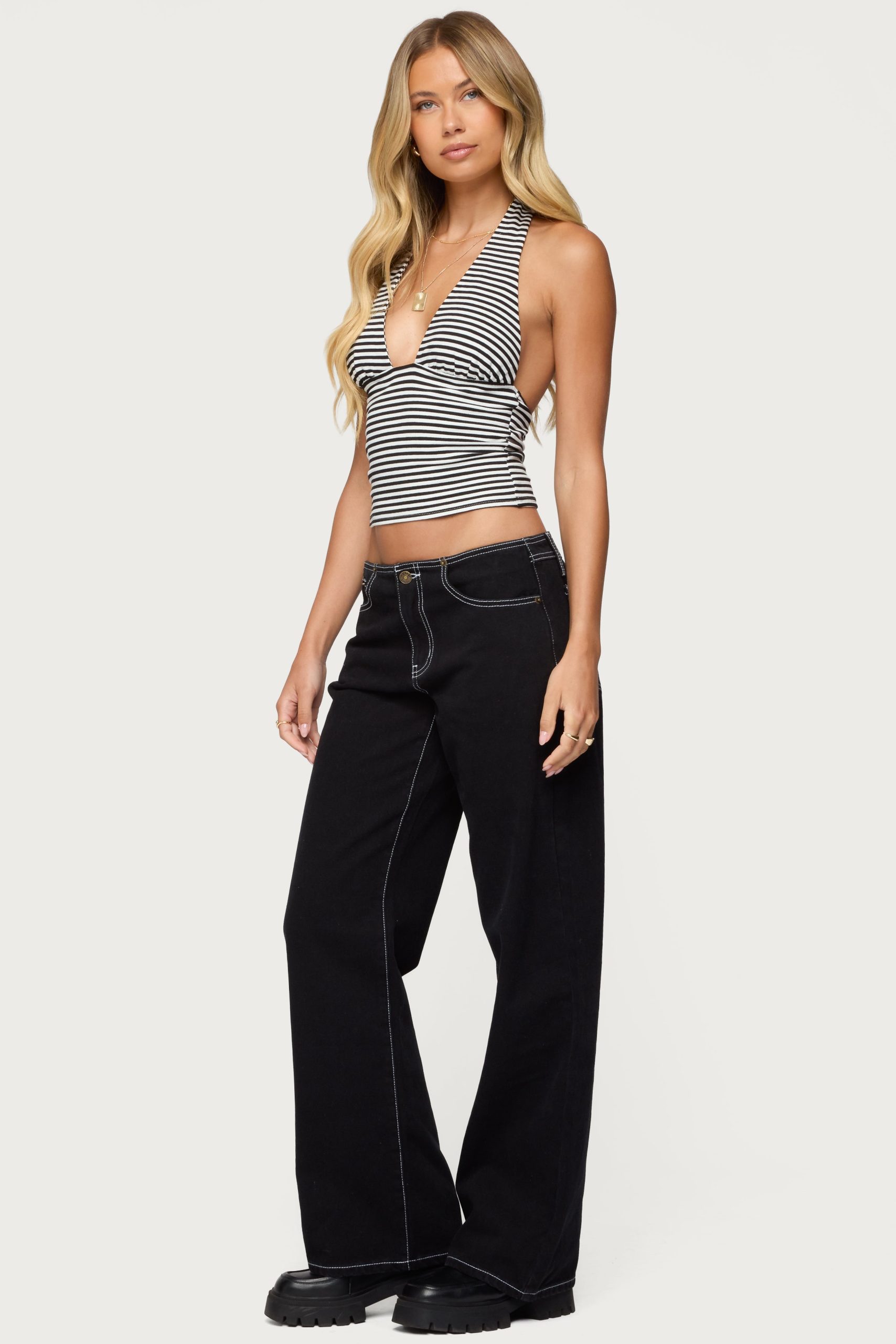 Contrast Stitch Low Rise Wide Leg Jeans - Image 3