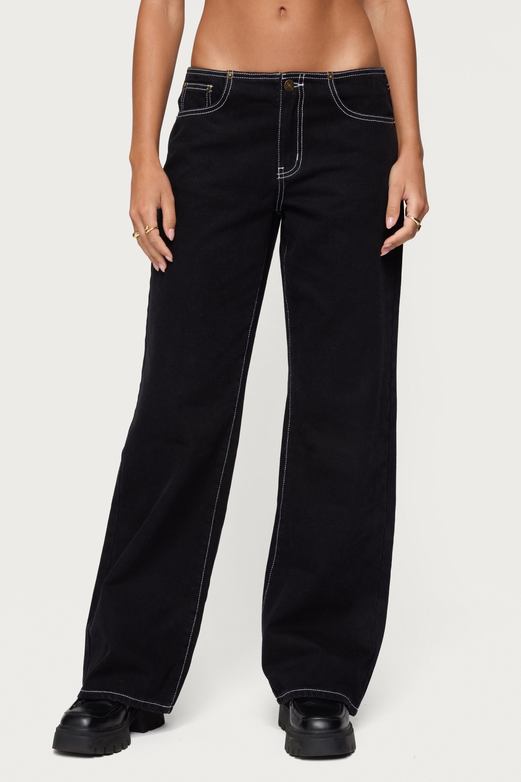 Contrast Stitch Low Rise Wide Leg Jeans - Image 2