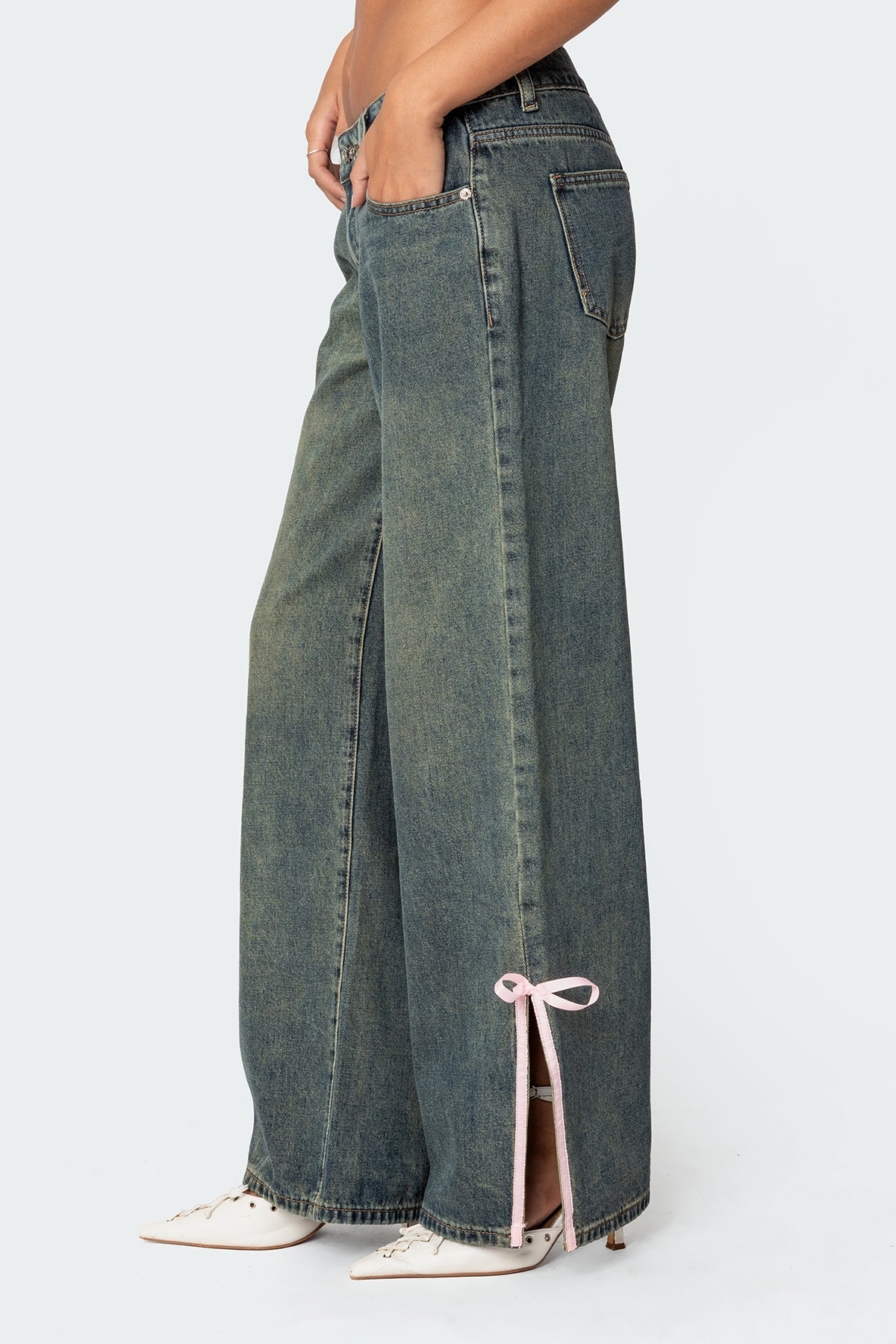 Bow Slitted Vintage Washed Low Rise Baggy Jeans - Image 4