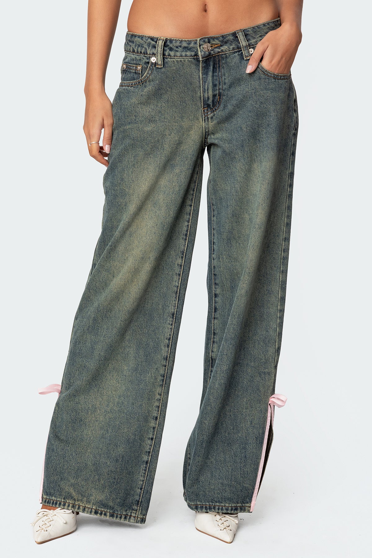 Bow Slitted Vintage Washed Low Rise Baggy Jeans - Image 2