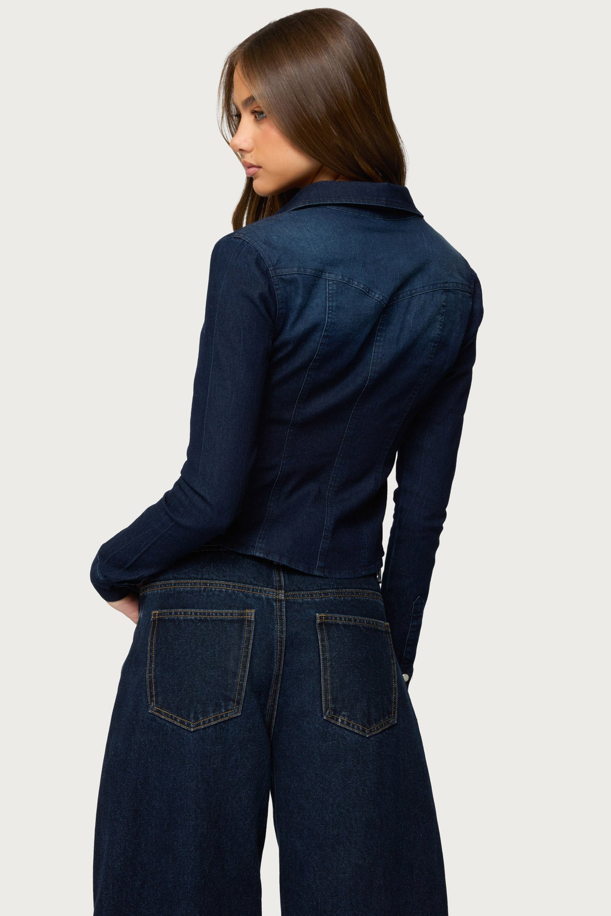 Shylo Stretchy Denim Button Up Shirt - Image 5