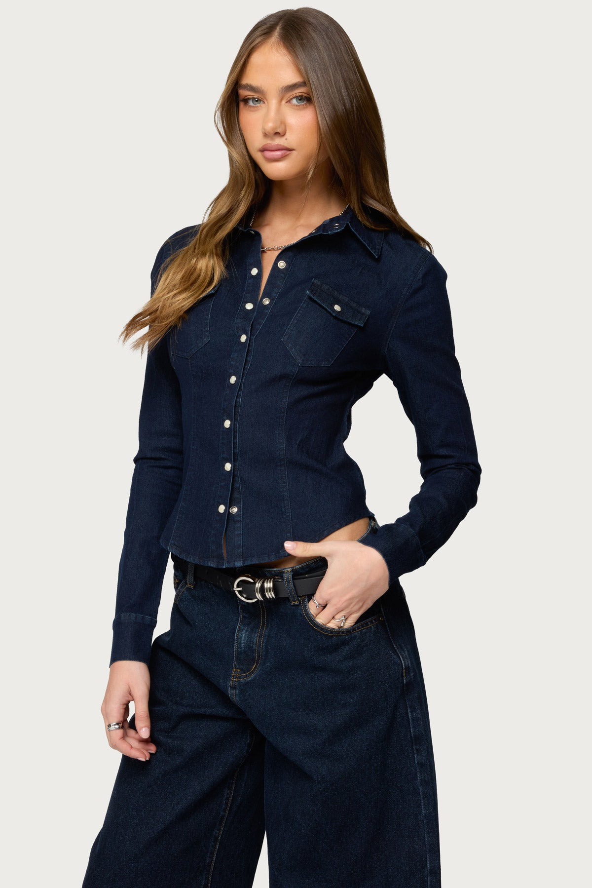 Shylo Stretchy Denim Button Up Shirt - Image 3