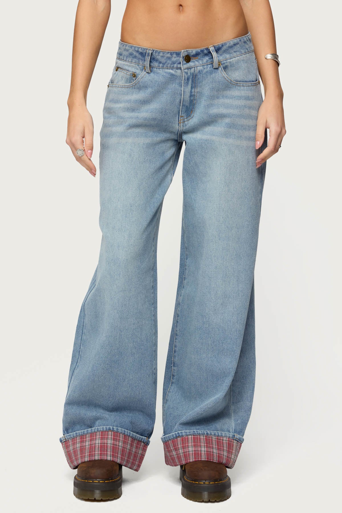 Plaid Cuffed Low Rise Baggy Jeans - Image 2
