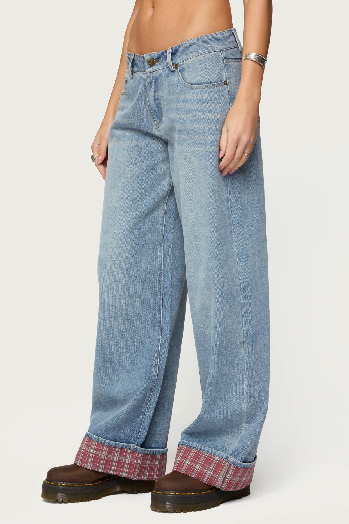 Plaid Cuffed Low Rise Baggy Jeans - Image 3