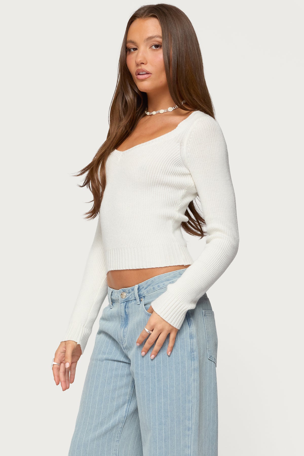 Maliah Ribbed Knit V Neck Top - Image 3