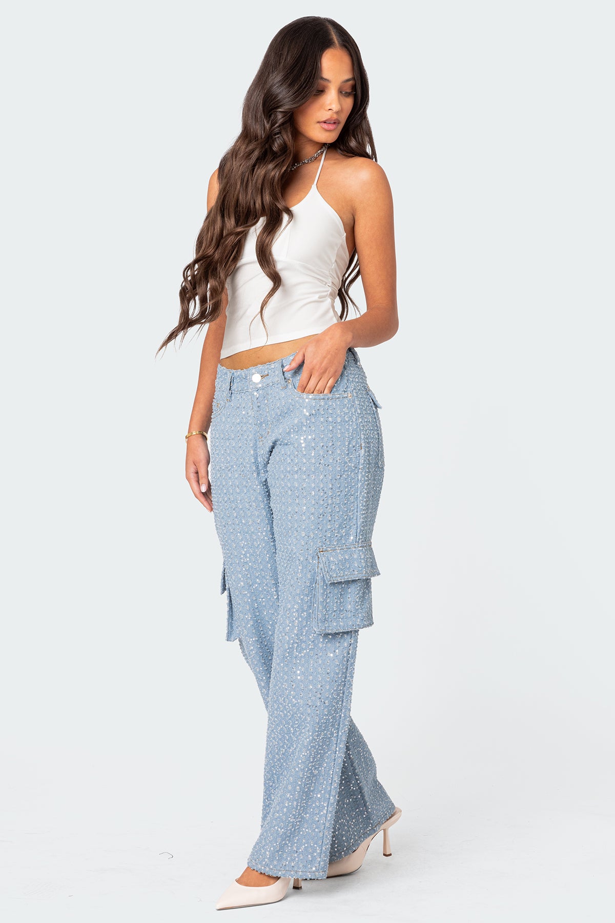 Icing Sequin Low Rise Baggy Cargo Jeans - Image 5