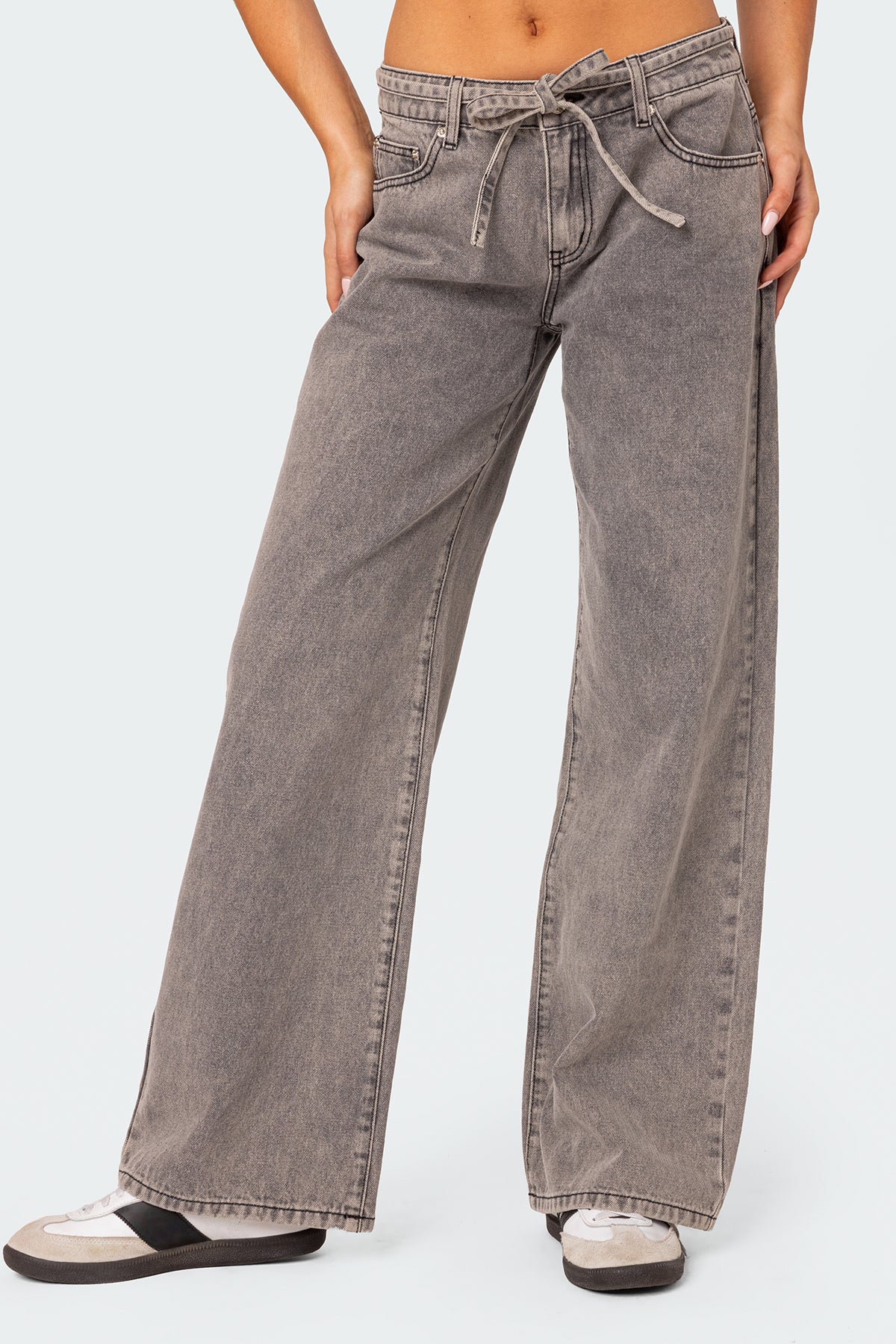 Tie Waist Washed Low Rise Baggy Jeans - Image 2