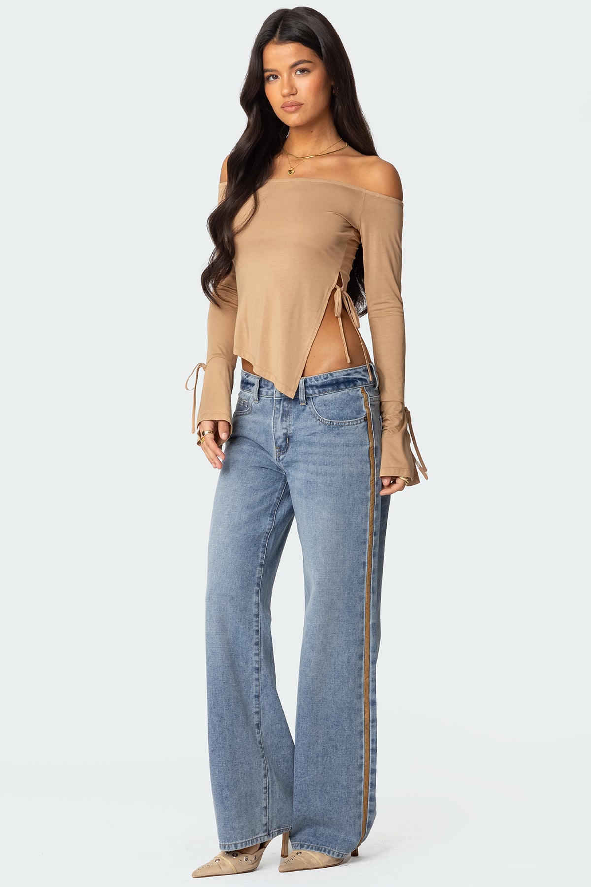 Faux Suede Stripe Low Rise Straight Leg Jeans - Image 3