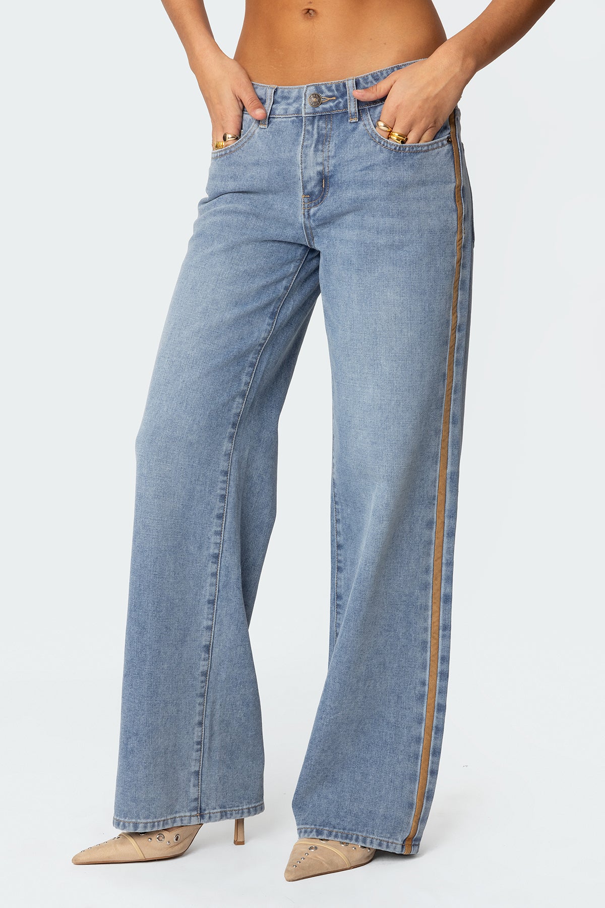 Faux Suede Stripe Low Rise Straight Leg Jeans - Image 4