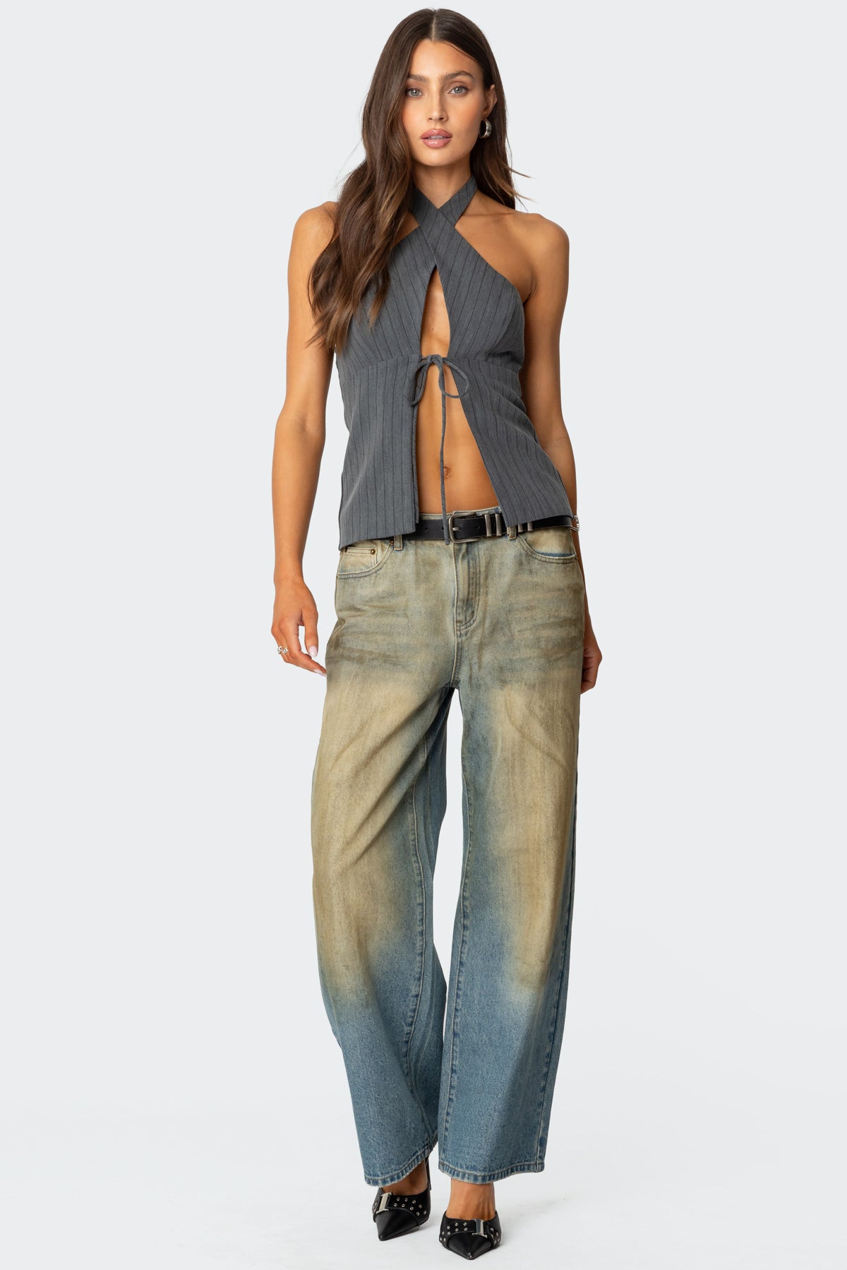 Split Front Pinstripe Halter Top - Image 4