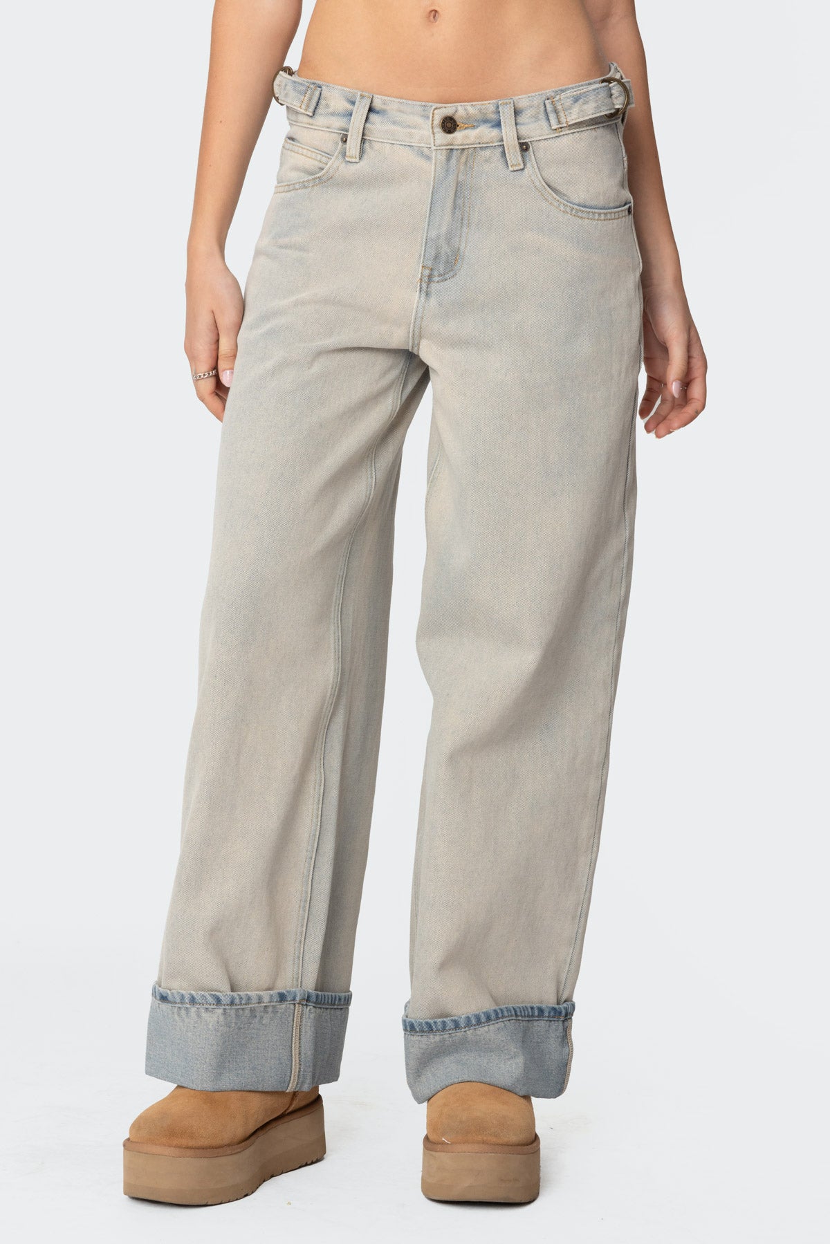 Double Belt Washed Low Rise Baggy Jeans - Image 2