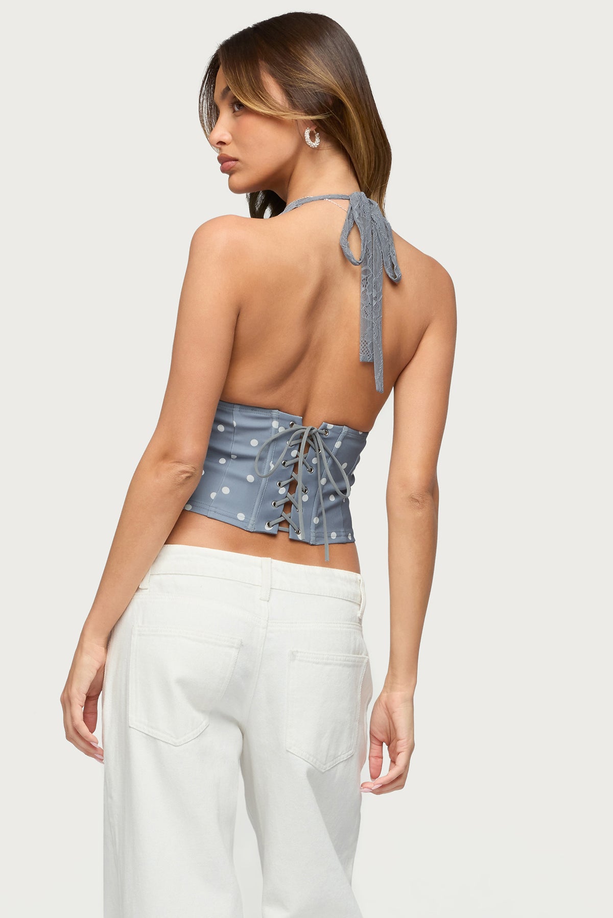 Lacey Polka Dot Lace Up Halter Top - Image 4
