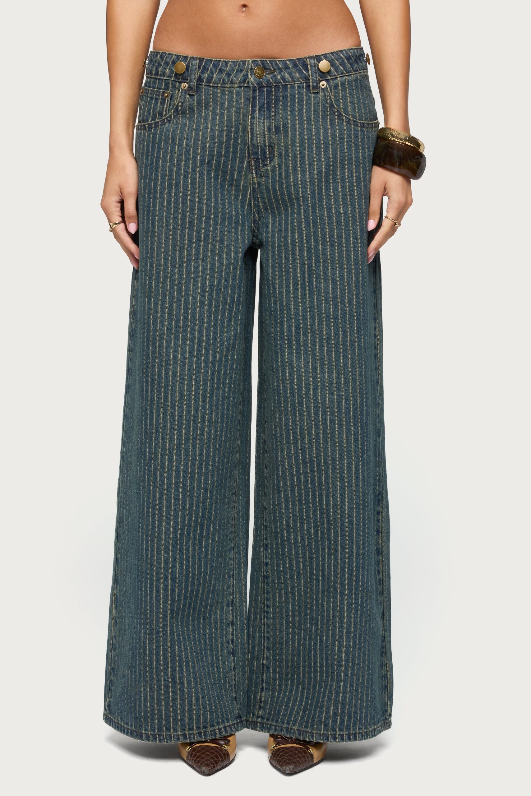 Button Pinstripe Low Rise Baggy Jeans - Image 2