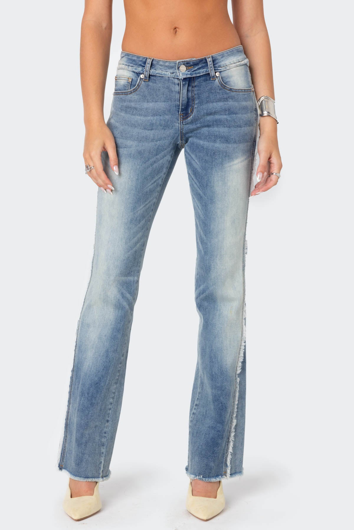 Frayed Seam Washed Low Rise Straight Leg Jeans - Image 2