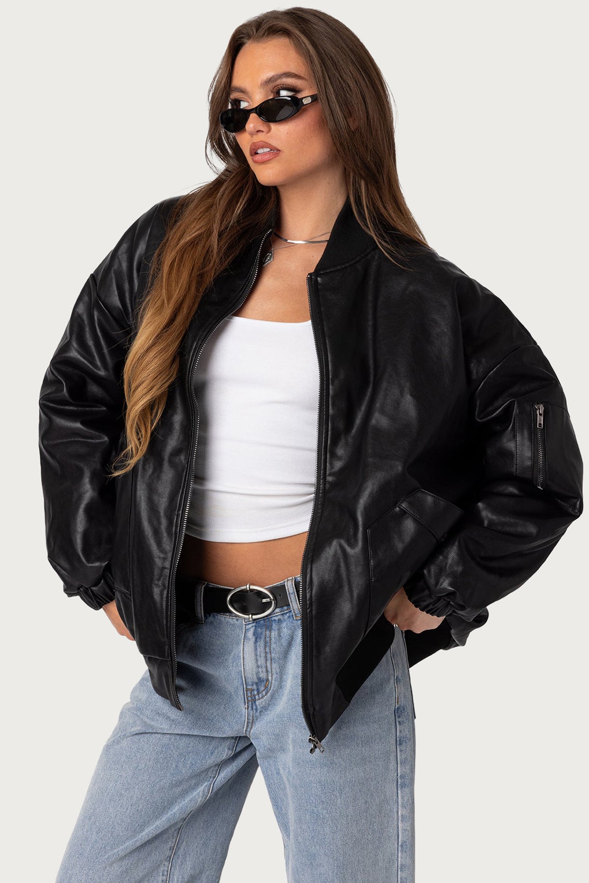 Faux Leather Oversized Bomber Jacket - Image 3