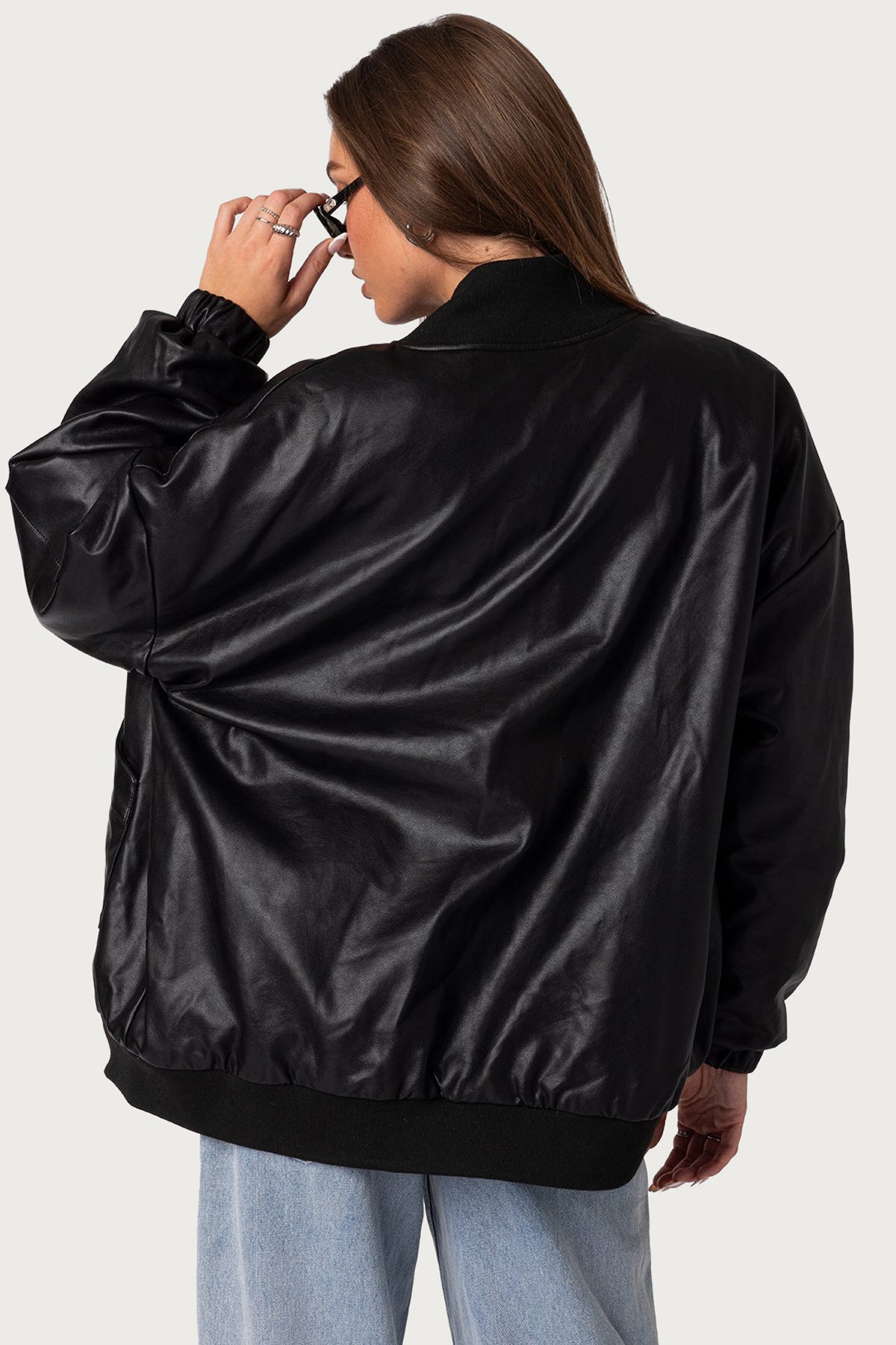 Faux Leather Oversized Bomber Jacket - Image 4
