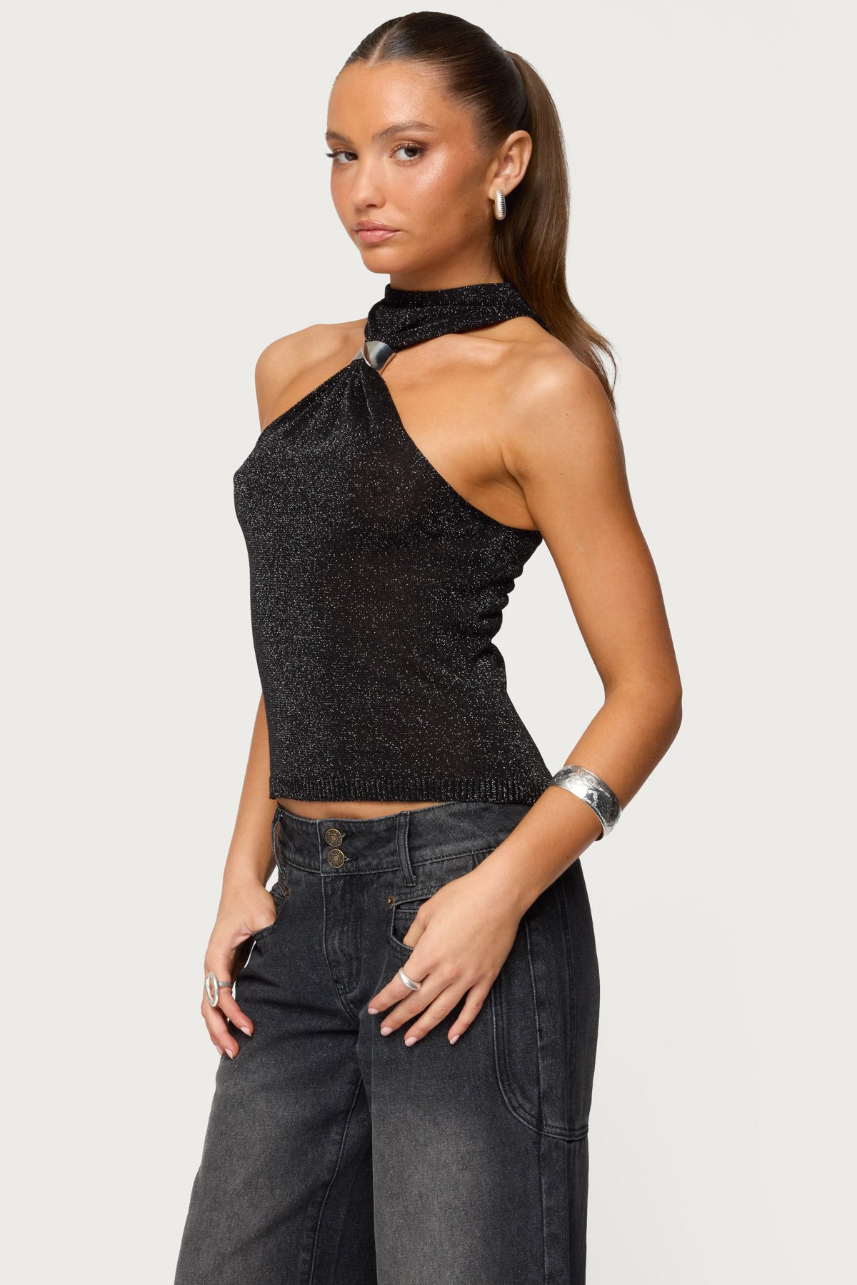Nalia Gathered Ring Glitter Knit Top - Image 3