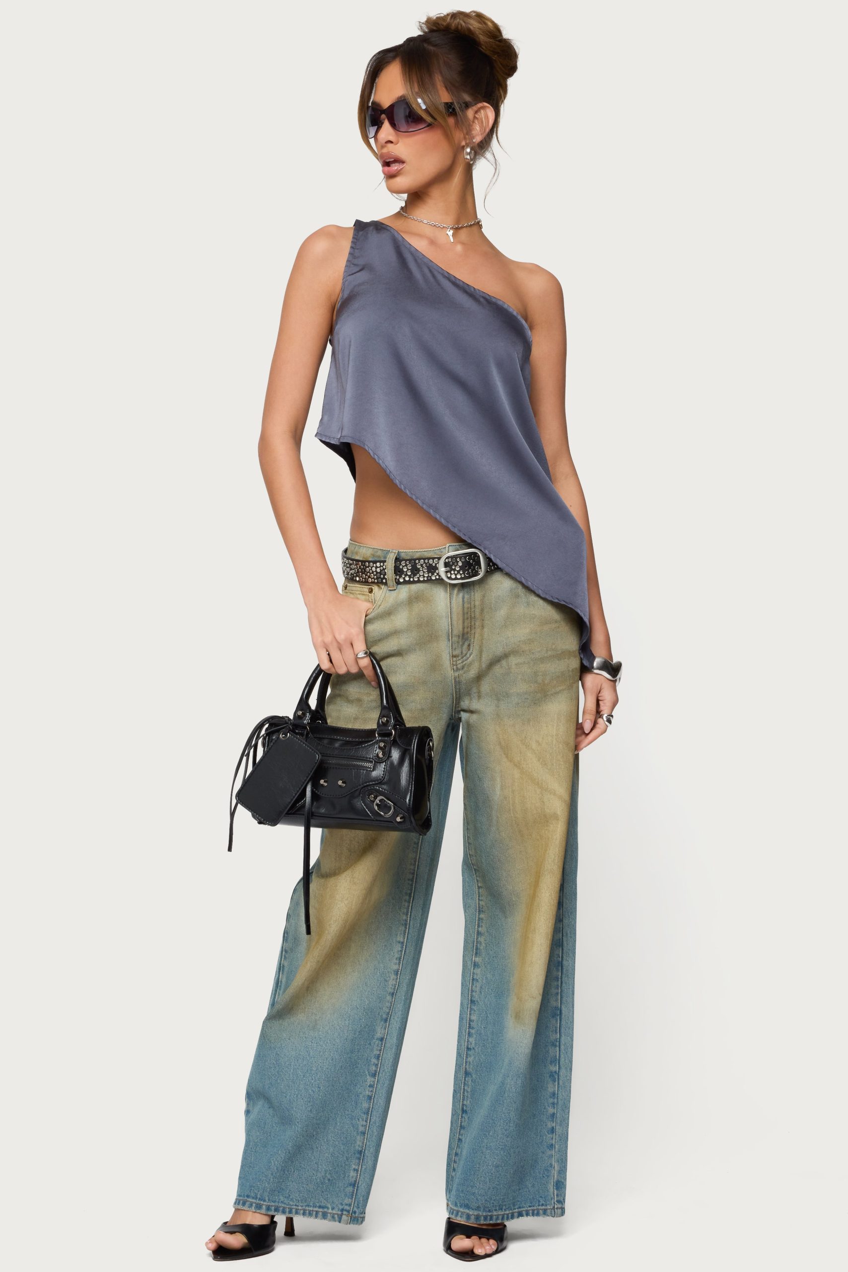 Asymmetric Satin Effect One Shoulder Top - Image 2