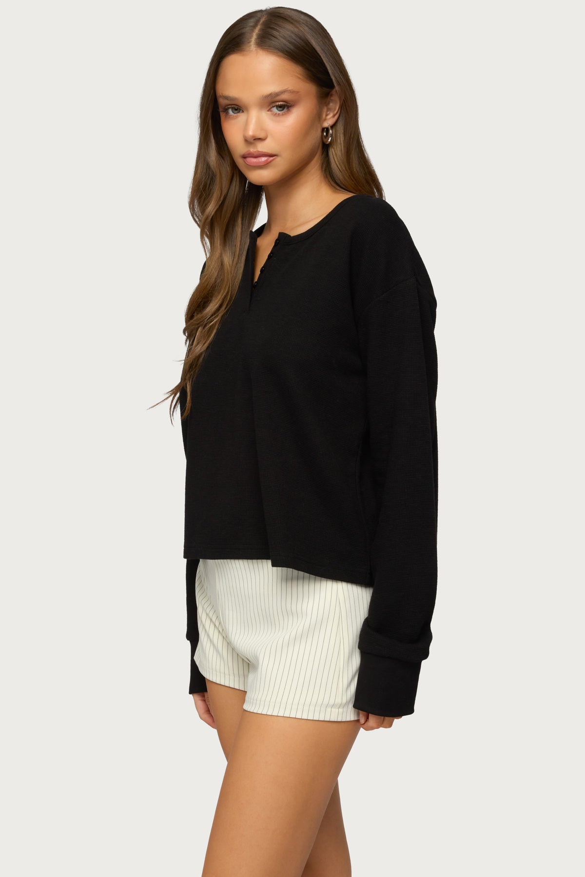 Deni Long Sleeve Henley Waffle Top - Image 3