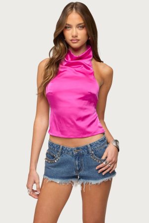 Satin Effect Backless Cowl Neck Top