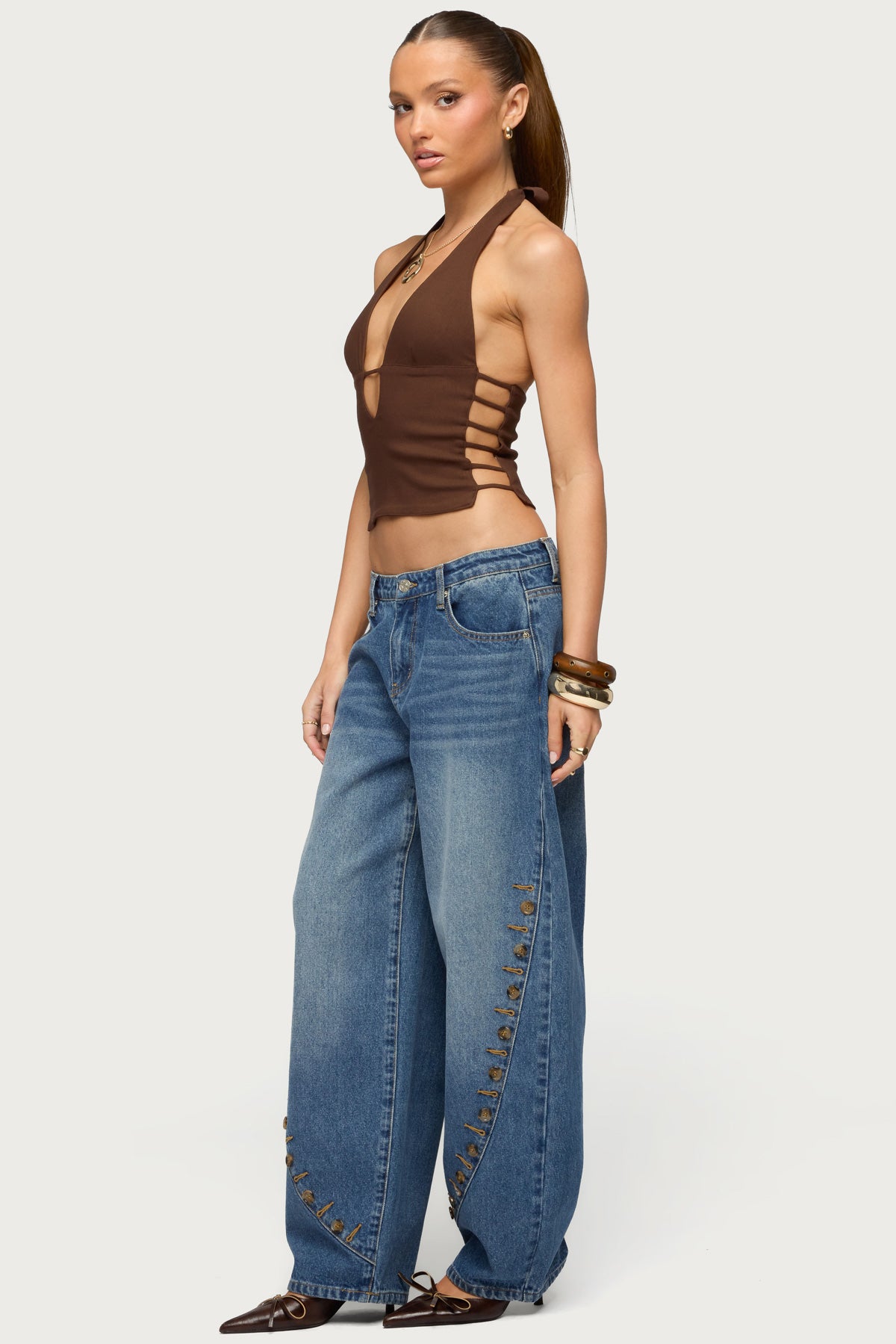 Button Stitch Low Rise Barrel Jeans - Image 3