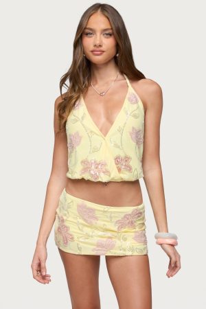 Mena Beaded Floral Backless Top