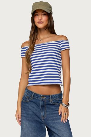 French Terry Striped Off Shoulder Top
