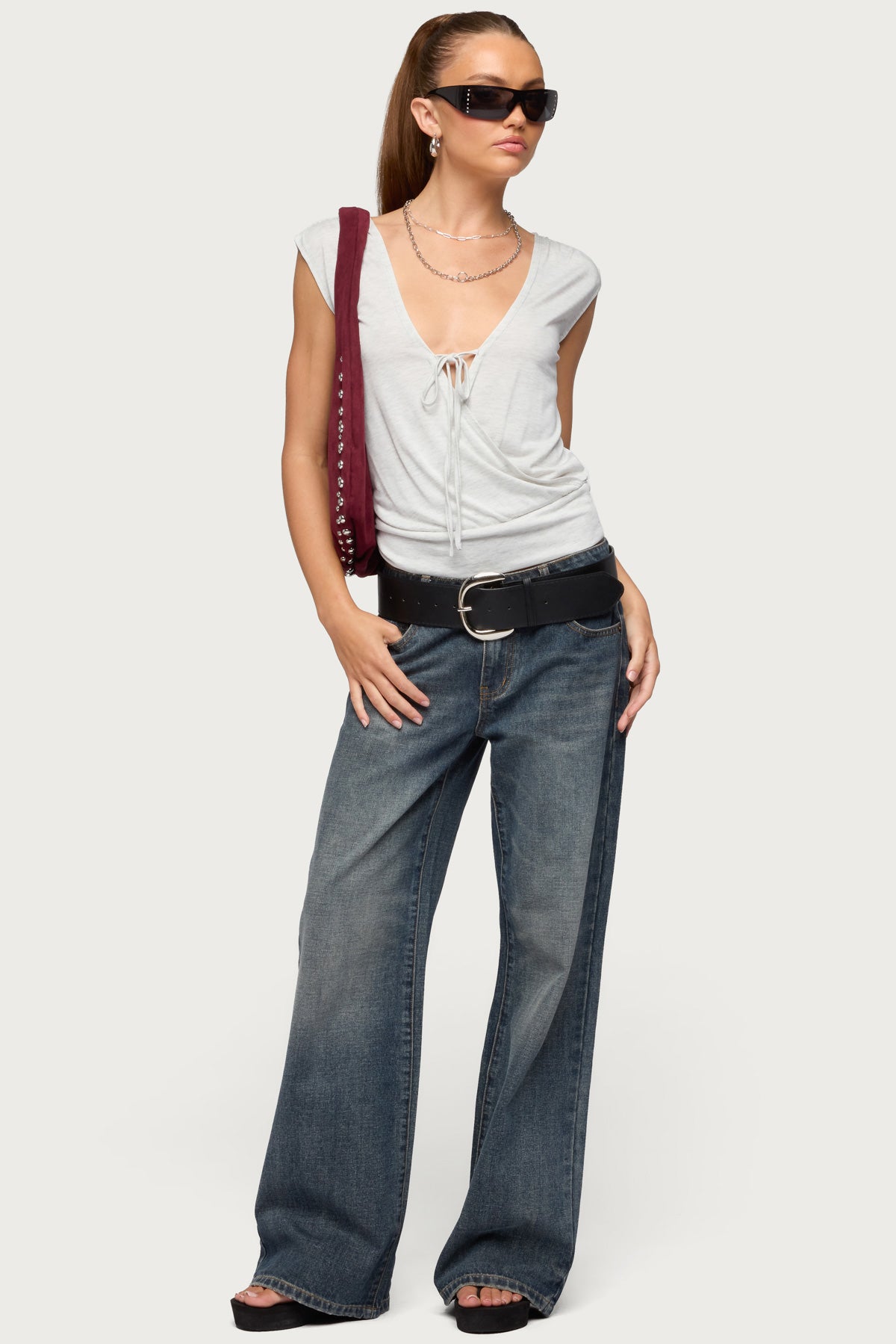 Tie Front V Neck Wrap Top - Image 2