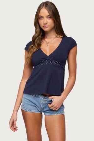Indygo Polka Dot V Neck Top