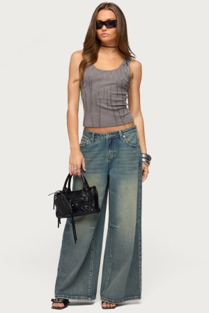 Adjustable Button Low Rise Baggy Jeans