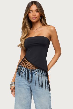 Sarika Asymmetric Fringe Strapless Top