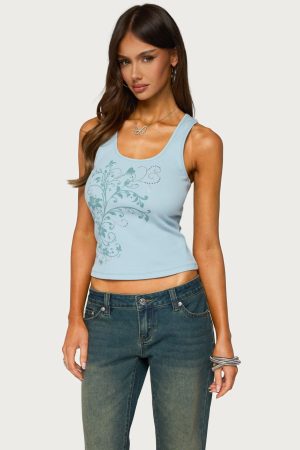 Veila Rhinestone Ribbed Graphic Tank Top