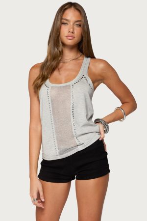 Jali Sequin Panel Studded Tank Top