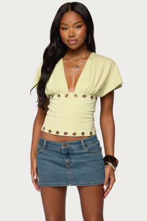 Isi Grommet Flutter Plunge Neck Top